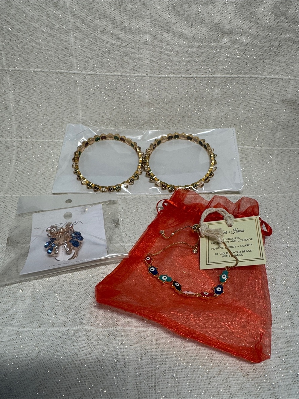 Fashion Jewelry & Hair Accessory Lot – Enamel Bangles, Evil Eye Bracelet & Butte